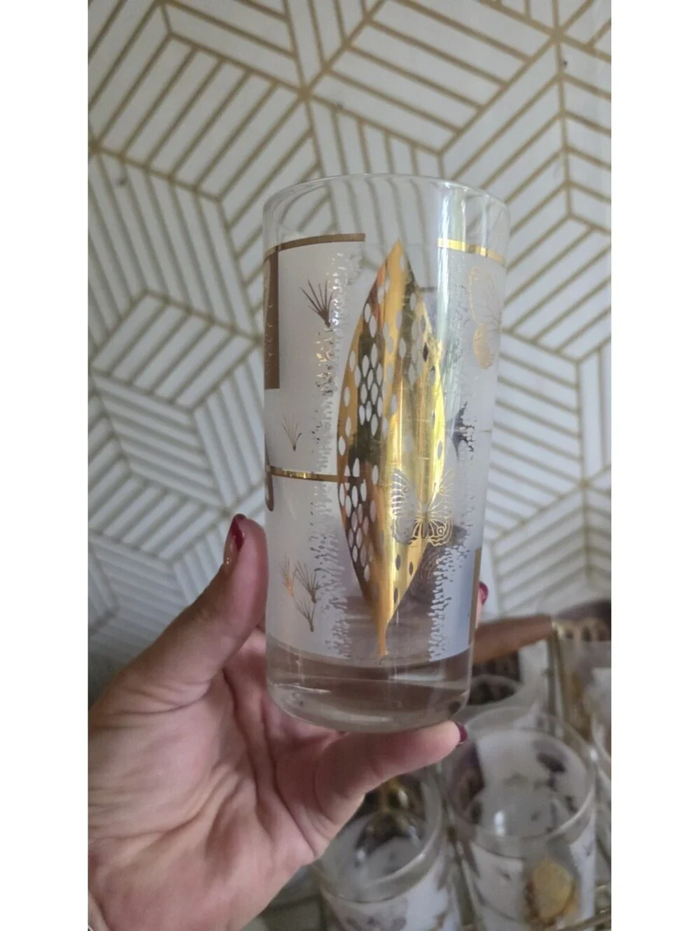 Vintage Midcentury Cutler Golden Meadow Butterfly Set of 8 Glasses With Caddy